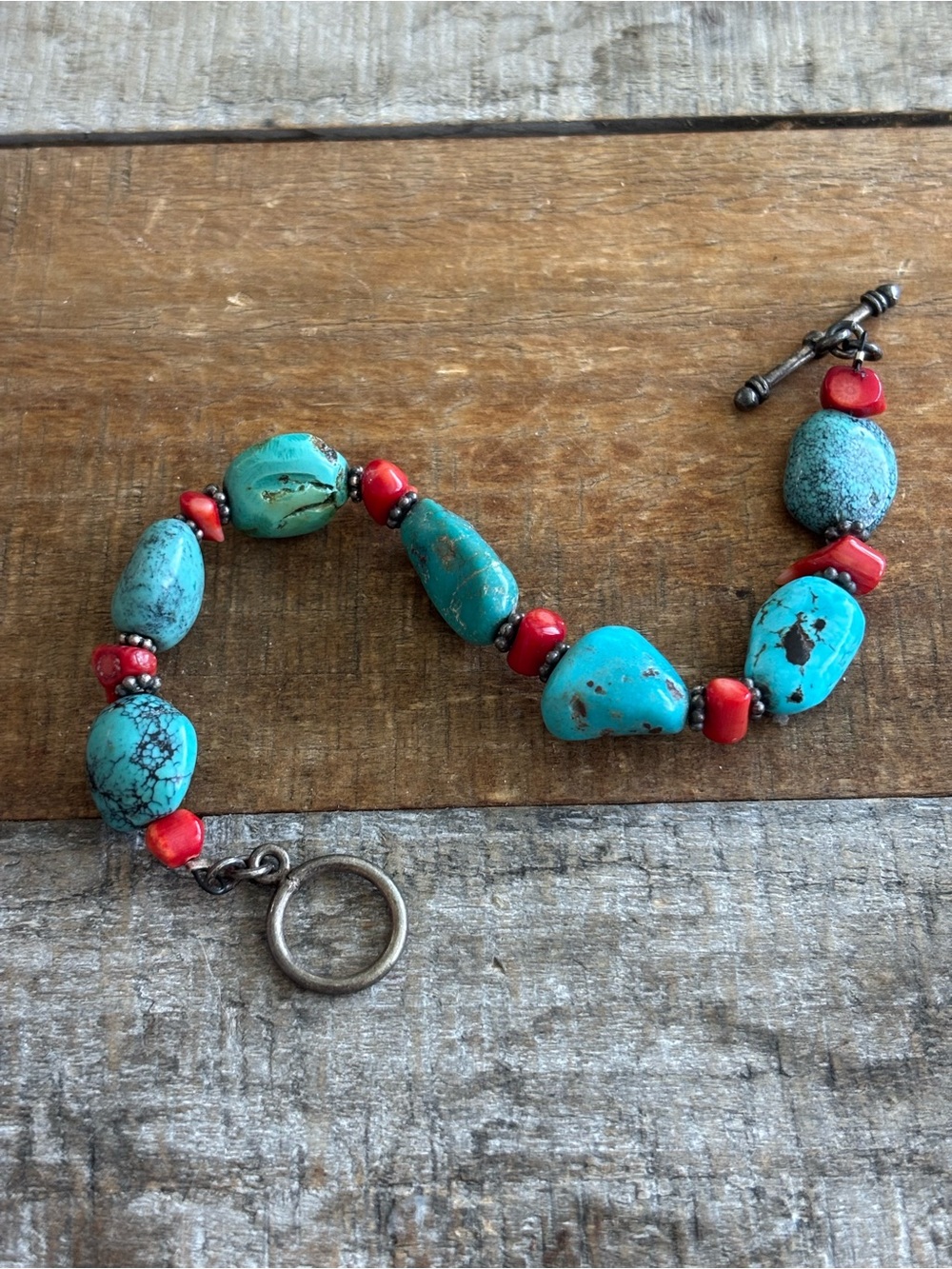 Bracelet Native American Turquoise Coral Silver-Tone Southwestern Small VTG - Picture 3 of 5